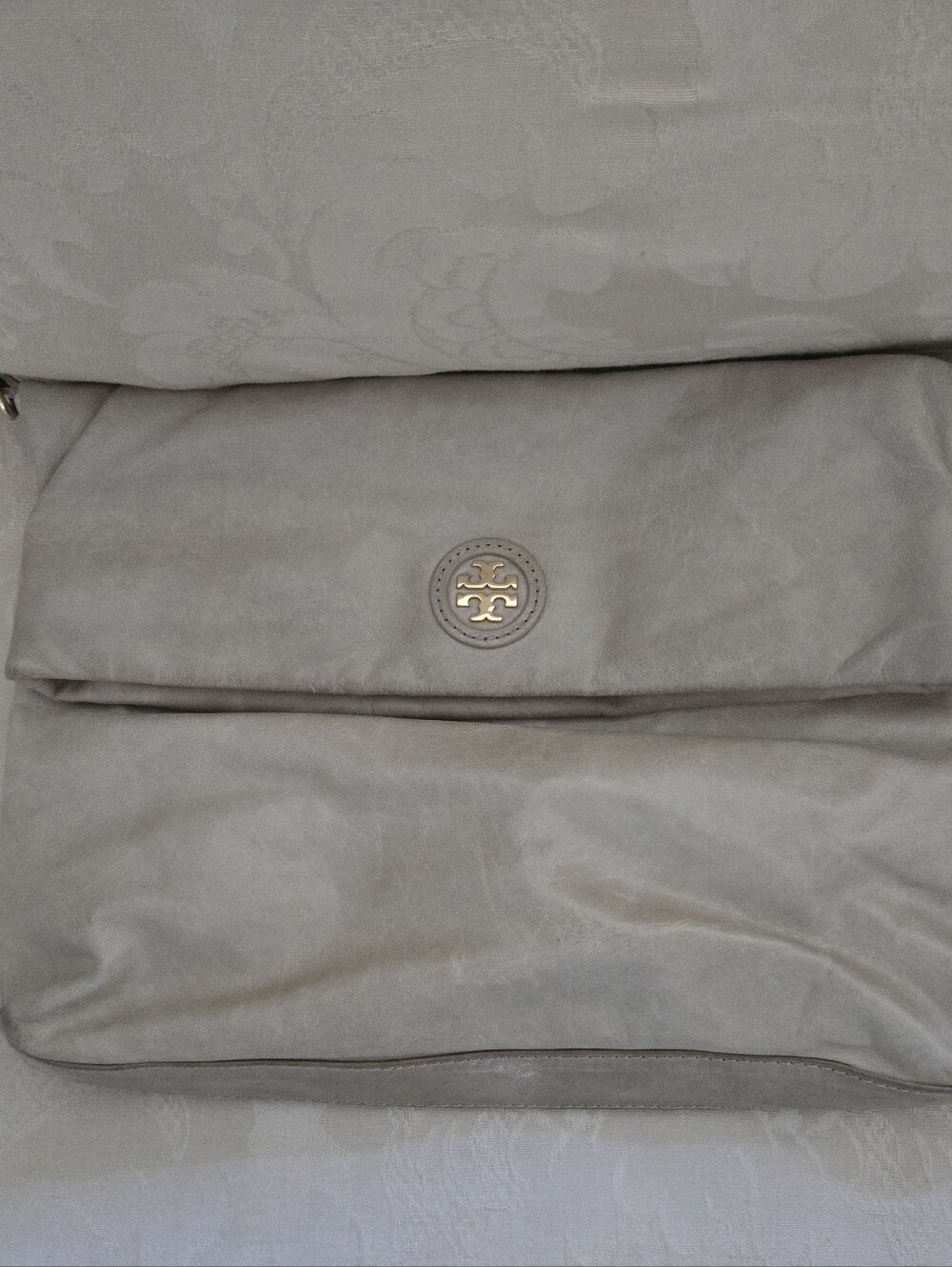 Tory Burch Neutral Beige Leather Fold-Over Clutch with Gold Logo